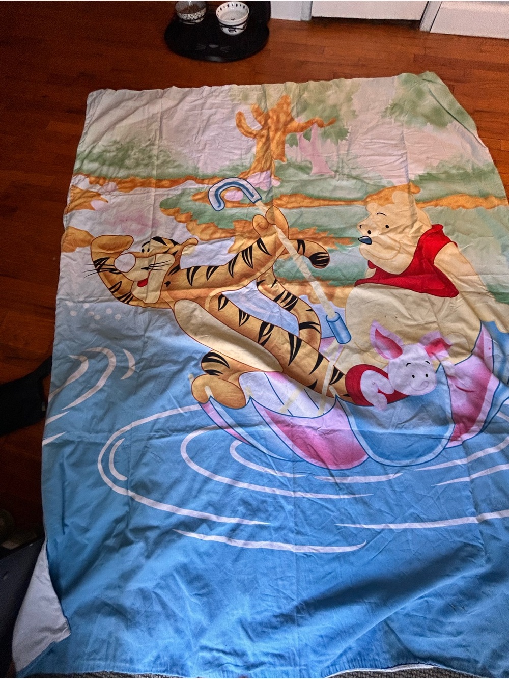 Vintage Winnie the Pooh & Tigger Kids Bedding Panel - Blue, Yellow, Pink twine